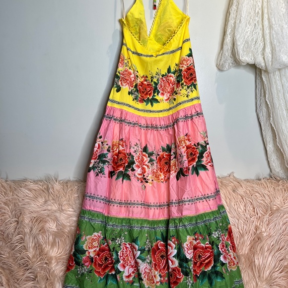 Farm Rio Manuela Halter Floral Scalloped Colorful Pastel Maxi Dress